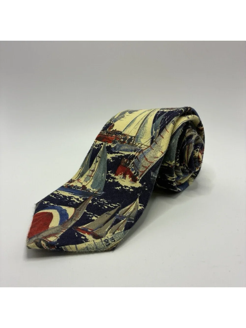 Lands' End Nautical Sailboat Sailing Boating Silk Necktie Blue Long 3 1/2